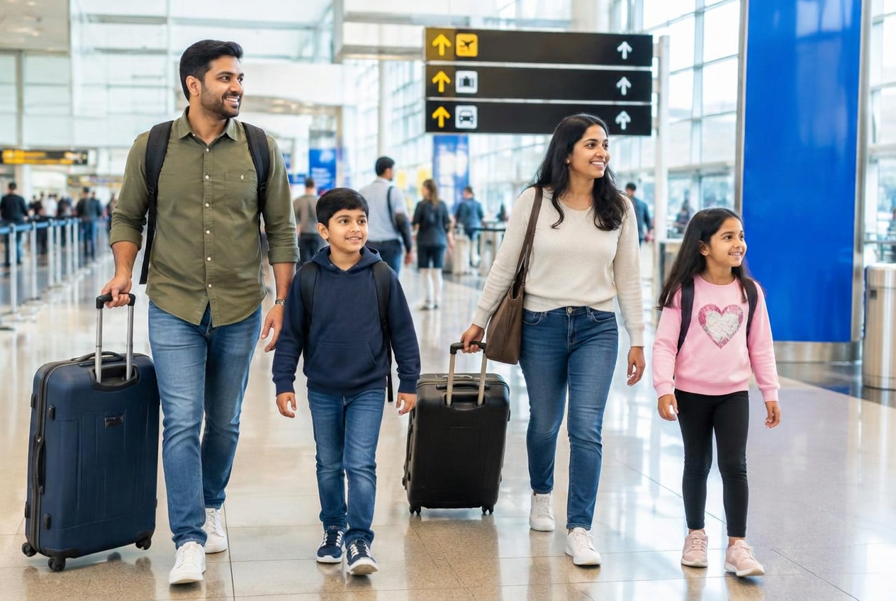 Family travelling together through an airport