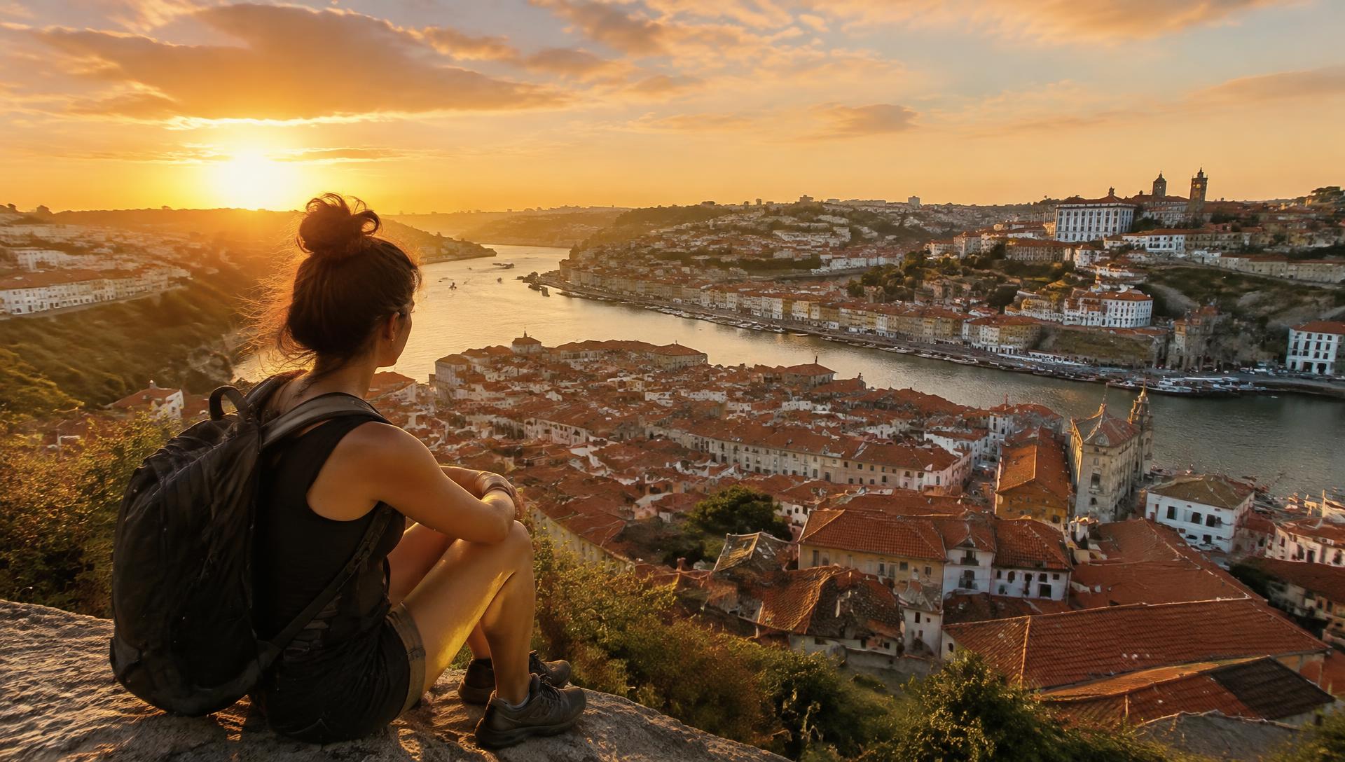 Traveller looking over a riverside old town at sunset
