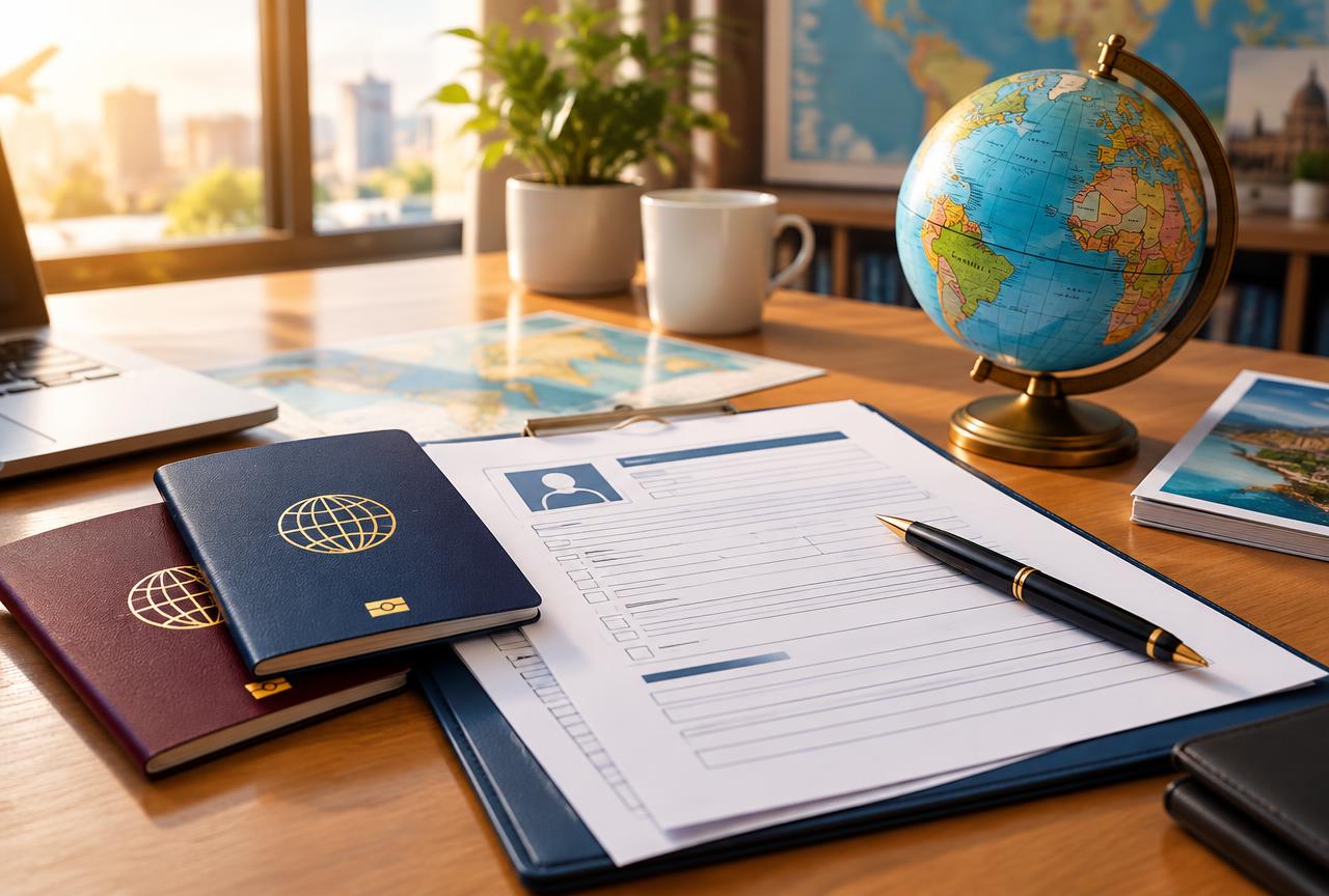 Passports and application documents on a desk